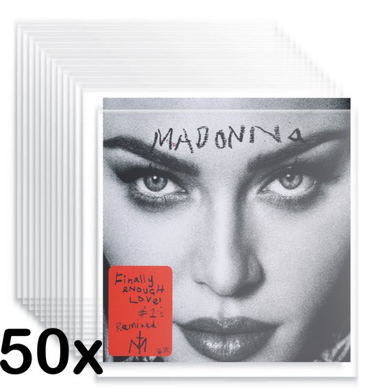Stapel van 50 doorzichtige hoezen met een Madonna vinylhoes. Een rode sticker met "Finally Enough Love! #1's Remixed".
