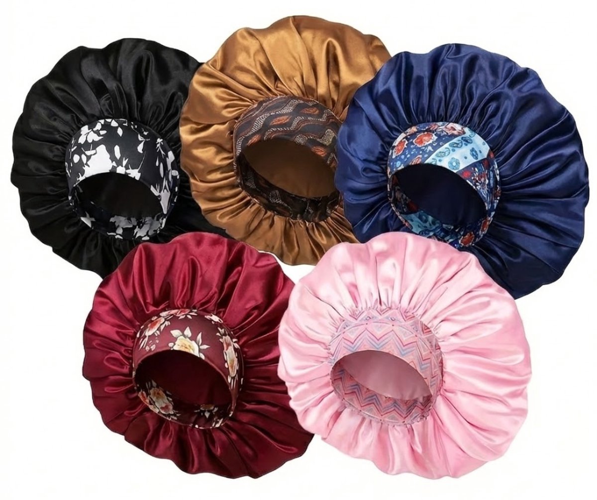 Zwart blauw rood paars satijn haar bonnet – slaapmuts – geschikt voor dames – brede elastische band met bloemenprint – set van 5 stuks