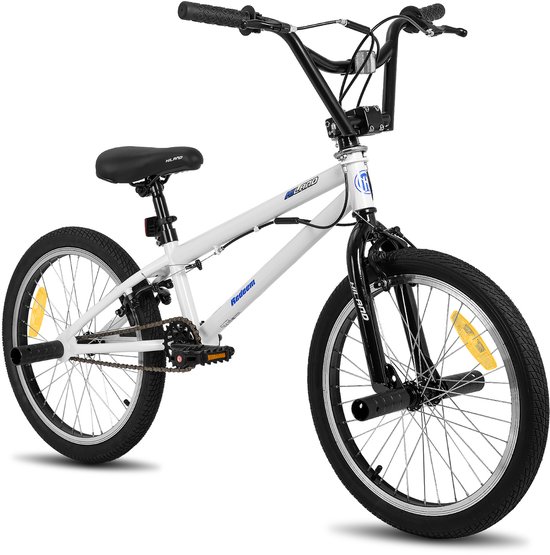 Volledig witte unisex BMX kinderfiets met zwarte onderdelen, zwarte wielen en een zwart zadel.