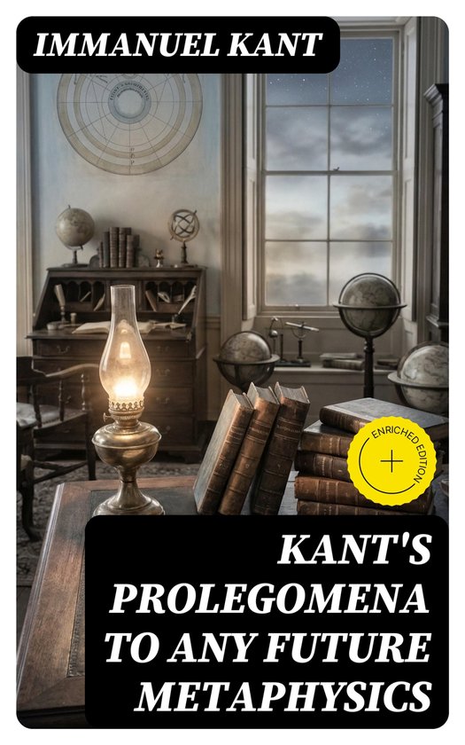 Boekomslag: Immanuel Kant's Prolegomena to Any Future Metaphysics. Een antieke studeerkamer met boeken, globes en een olielamp.
