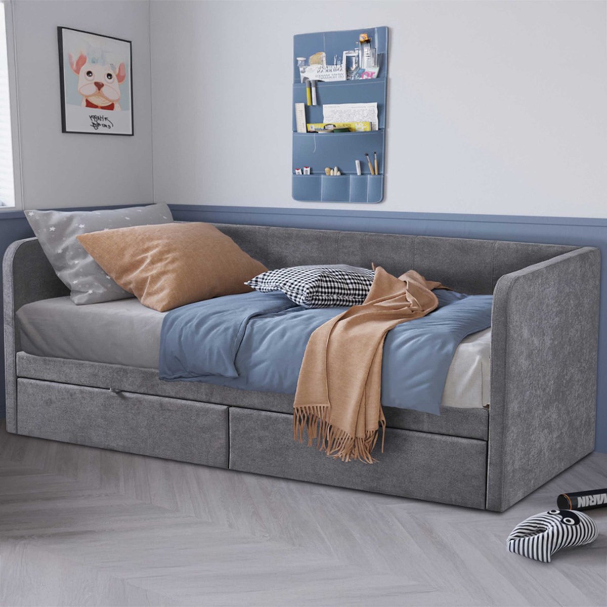Bed 'Parma' 90x200cm met lattenbodem Stof Grijs H 92 x D 99 cm x L 216 cm