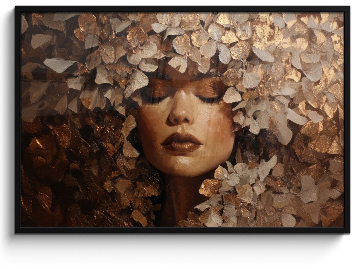 FrameYourWall Poster in lijst - Fotolijst 120x80 cm - Posters - Gezicht - Vrouwe - Bladeren - Penseelstreken - Posterlijst zwart - Decoratie - Wanddecoratie woonkamer - Muurdecoratie slaapkamer Gezicht - Vrouw - Bladeren
