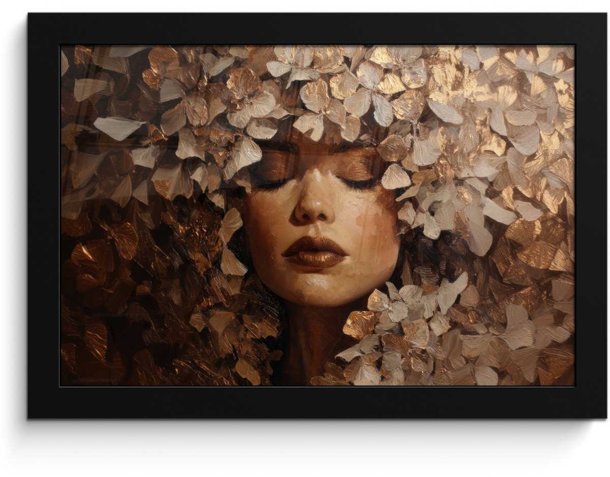 FrameYourWall Poster in lijst - Fotolijst 30x20 cm - Posters - Gezicht - Vrouwe - Bladeren - Penseelstreken - Posterlijst zwart - Decoratie - Wanddecoratie woonkamer - Muurdecoratie slaapkamer Gezicht - Vrouw - Bladeren
