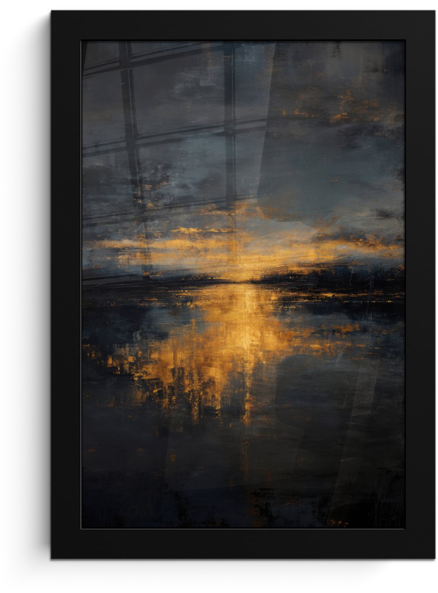 FrameYourWall Poster in lijst - Fotolijst 20x30 cm - Posters - Gouden Reflectie op Water - Posterlijst zwart - Decoratie - Wanddecoratie woonkamer - Muurdecoratie slaapkamer Water - Goud - Reflectie