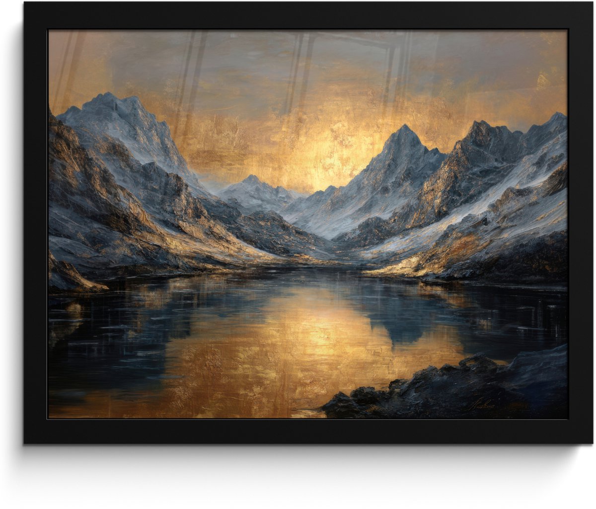 FrameYourWall Poster in lijst - Fotolijst 40x30 cm - Posters - Berglandschap met Gouden Zonsondergang - Posterlijst zwart - Decoratie - Wanddecoratie woonkamer - Muurdecoratie slaapkamer Bergen - Zonsondergang - Meer