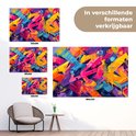 Drie tuinposters met abstracte graffiti in verschillende formaten: 120x80 cm, 90x60 cm en 60x40 cm.