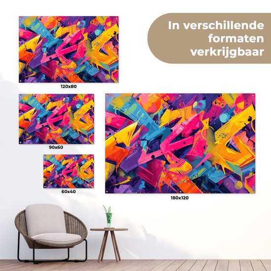Drie tuinposters met abstracte graffiti in verschillende formaten: 120x80 cm, 90x60 cm en 60x40 cm.