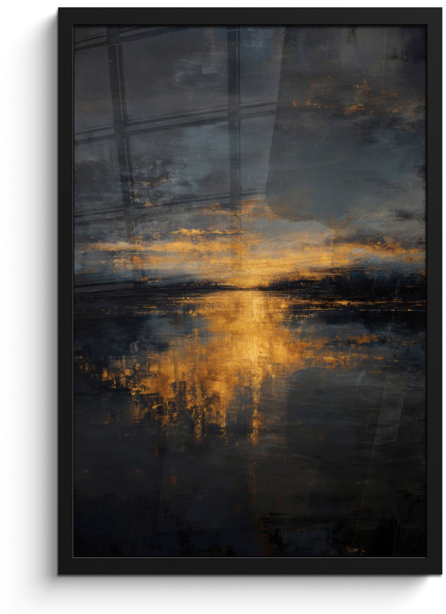 FrameYourWall Poster in lijst - Fotolijst 40x60 cm - Posters - Gouden Reflectie op Water - Posterlijst zwart - Decoratie - Wanddecoratie woonkamer - Muurdecoratie slaapkamer Water - Goud - Reflectie
