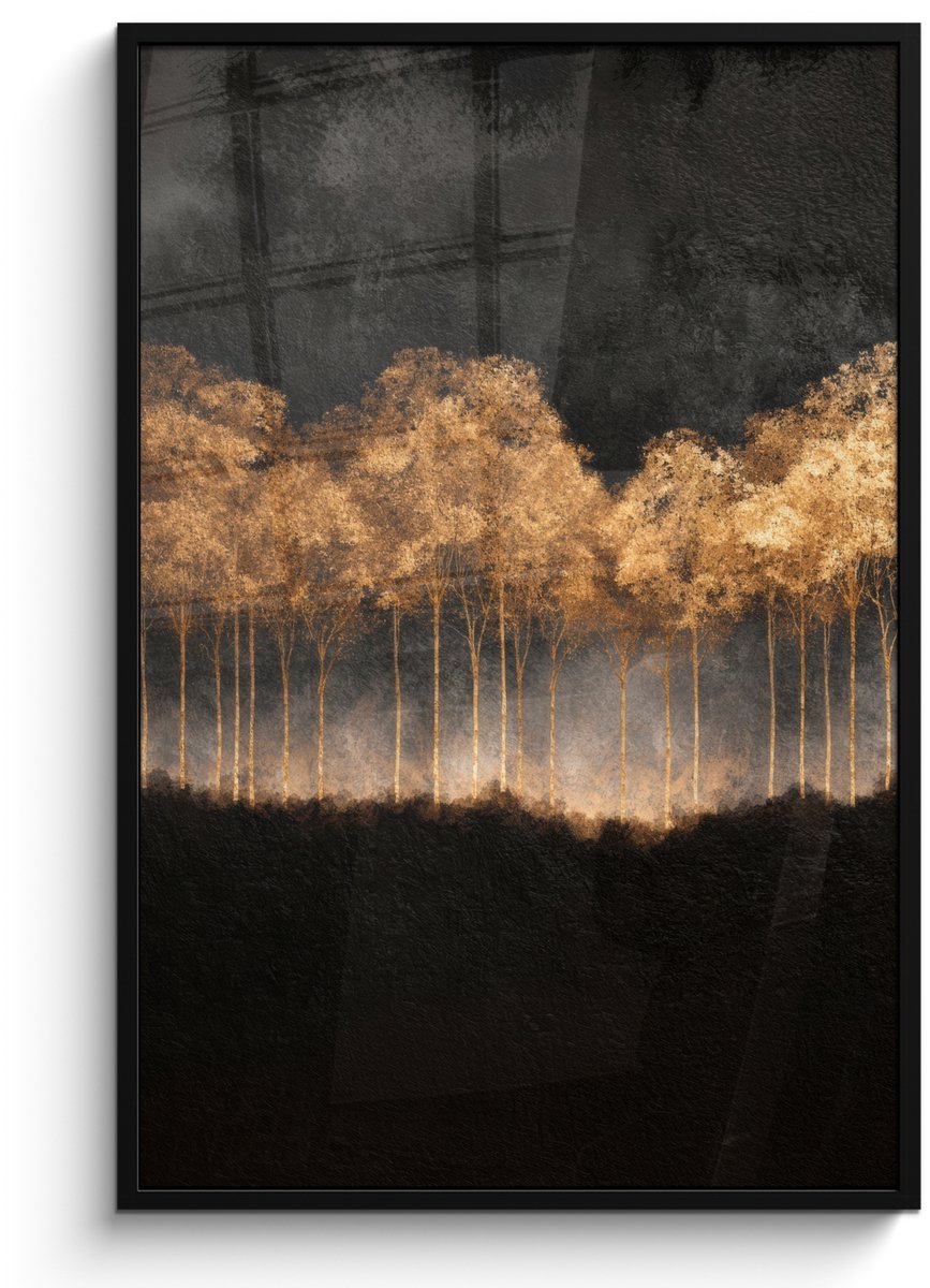 FrameYourWall Poster in lijst - Fotolijst 80x120 cm - Posters - Gouden Bomen in Mistig Landschap - Posterlijst zwart - Decoratie - Wanddecoratie woonkamer - Muurdecoratie slaapkamer Bomen - Mist - Goud