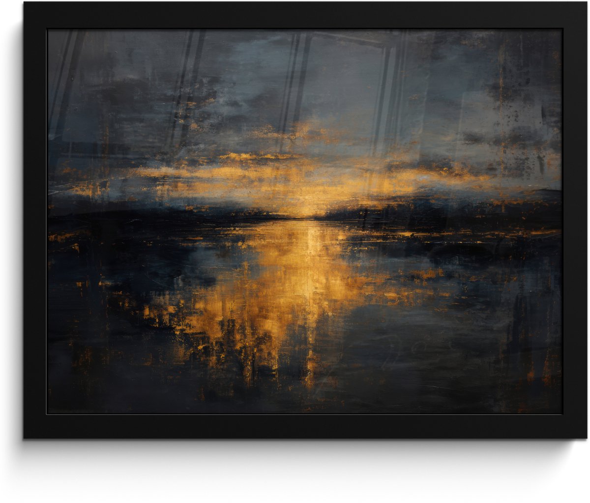 FrameYourWall Poster in lijst - Fotolijst 40x30 cm - Posters - Gouden Reflectie op Water - Posterlijst zwart - Decoratie - Wanddecoratie woonkamer - Muurdecoratie slaapkamer Water - Goud - Reflectie