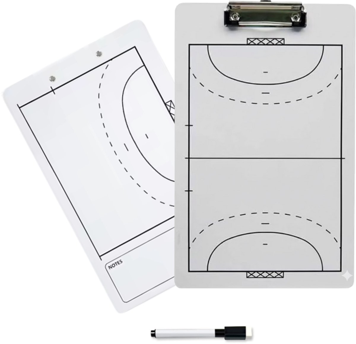 WM Sports - Tactiekbord handbal - Tactiekborden - Coachbord handbal - Coachboard - Clipboard handbal - Half en geheel veld - Inclusief uitwisbare stift en ruimte voor notities - Zwart, wit en zilver