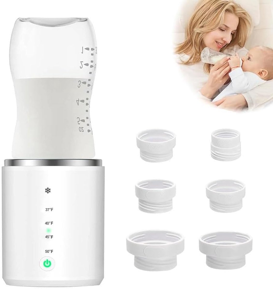 Baby Bottle Warmer - Draagbare Flesverwarmer - Flesverwarmer met Batterij en Temperatuurregeling - Inclusief 6 Adapters voor Reizen