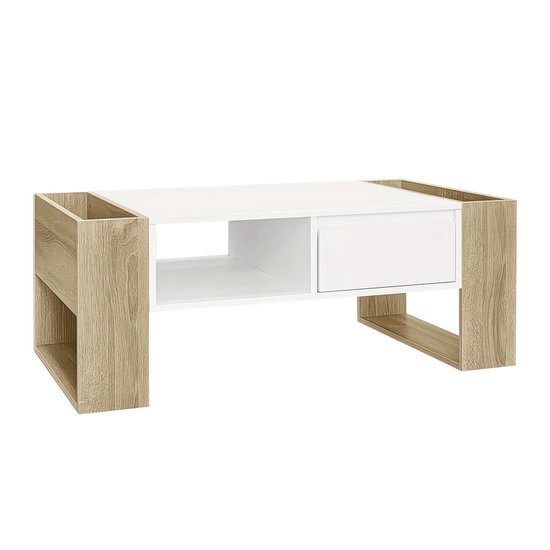 GOPLUS Salontafel voor buiten, 2-traps koffietafel met opbergvak en tafelblad van lamellen, terrastafel van hardhout, tuintafel, banktafel voor buiten en binnen, bruin, 90 x 45 x 45 cm