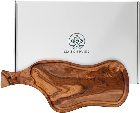 Olijfhouten serveerplank met handvat en sapgoot, met het logo 'MAISON PUNIC' op een witte doos.