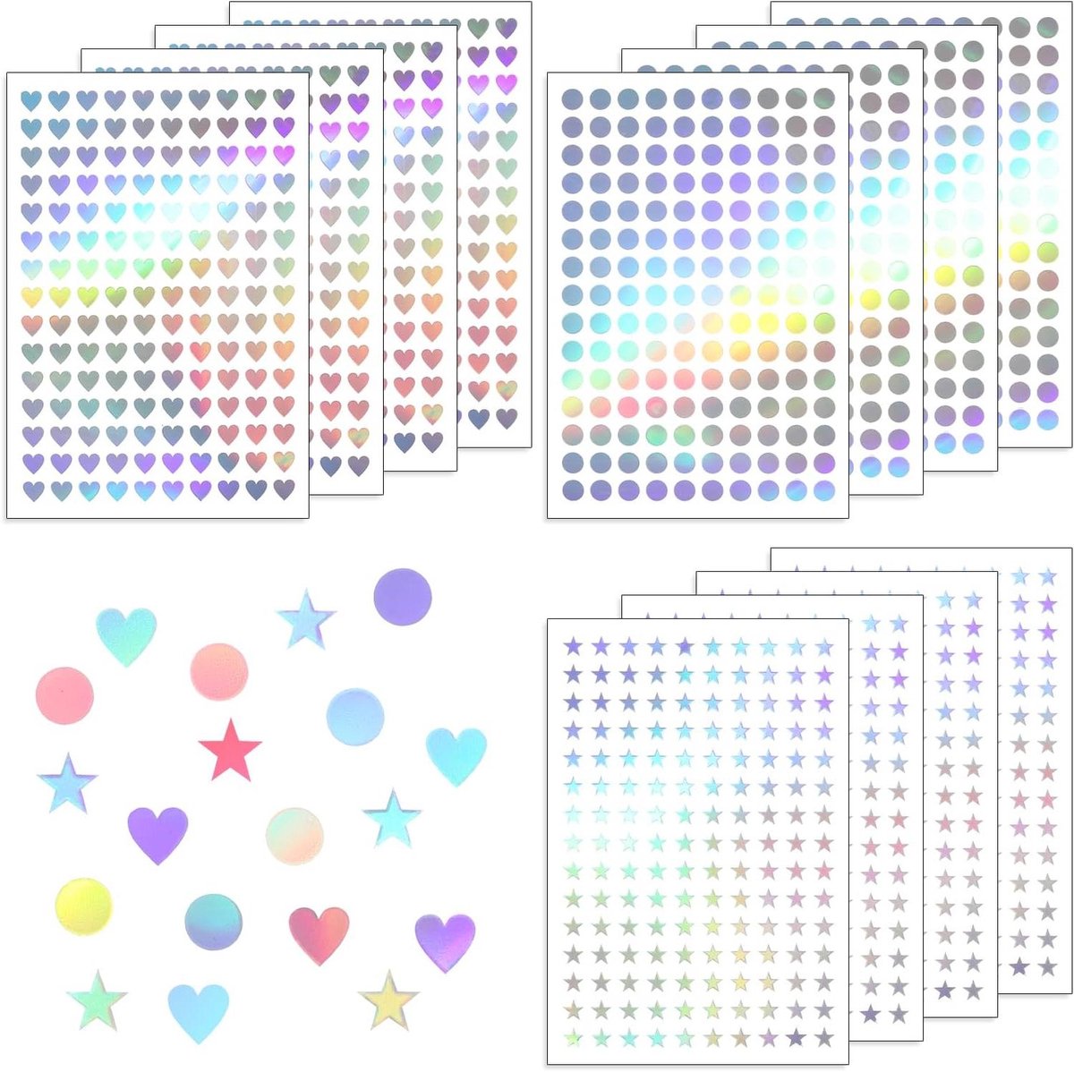 CSGoods - Mini Hologram-stickers voor Beloning in School, Thuis en Klaslokaal met Hartjes, Sterren en Stippen (Set van 1800)