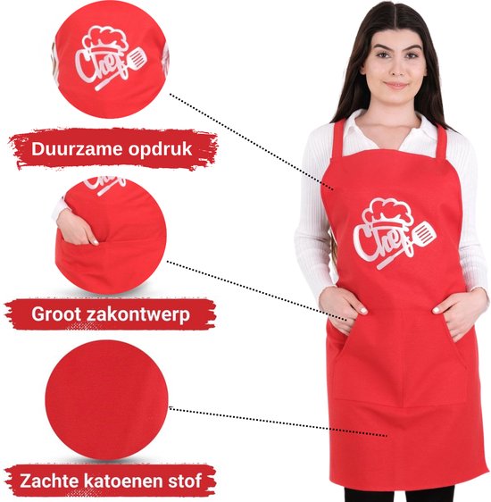 Tablier de chef Tavas 60 x 80 cm - Rouge - Tablier de cuisine avec 2 maniques - Coffret cadeau 3 pièces - Tablier femme - Qualité hôtelière