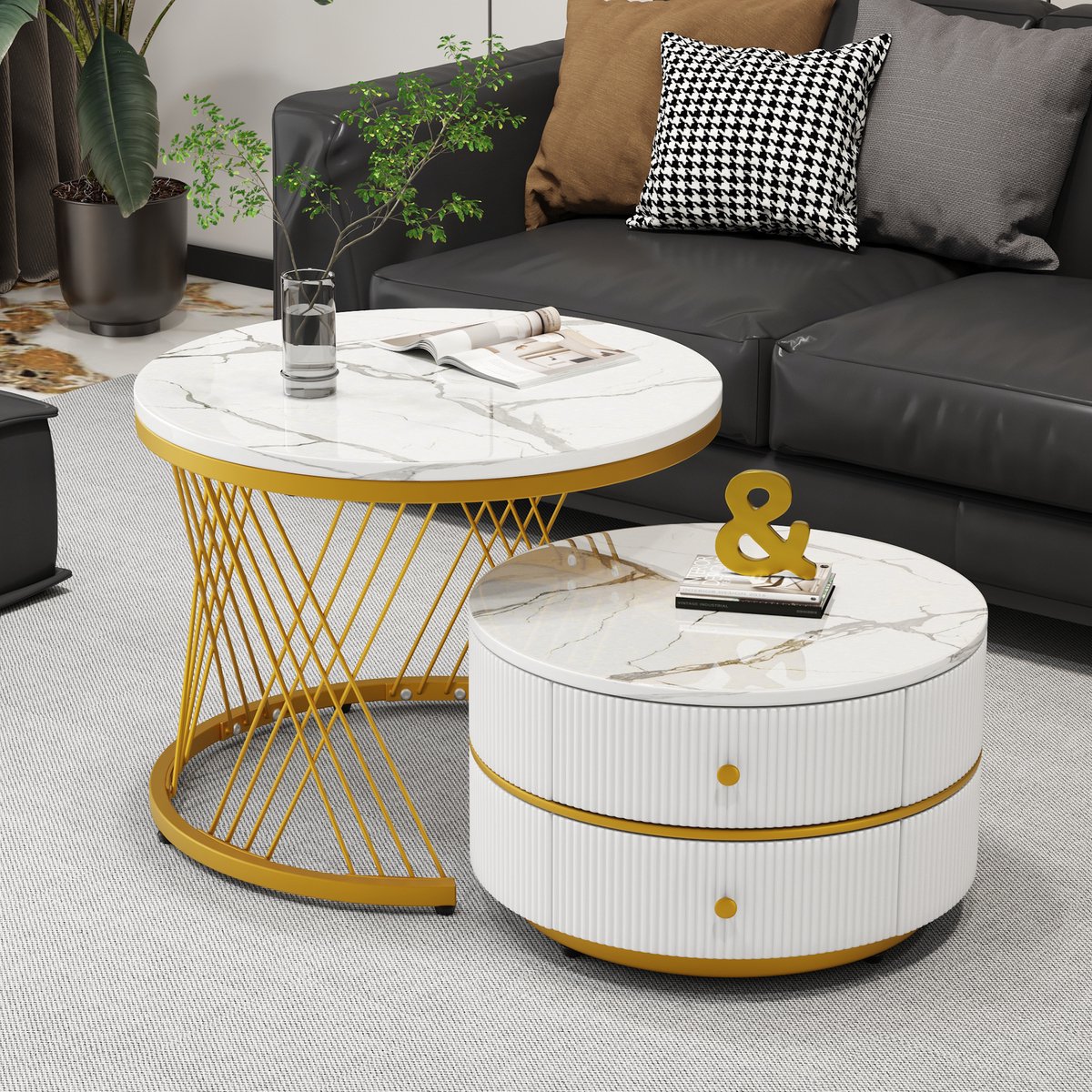 OKWISH Salontafels - Set 2 Delige Koffietafel Rond Met 2 Laden En Opbergfunctie - Ideaal Voor Slaapkamer Of Woonruimte - MDF - Goud - 60x60x46+50x50x30.8 cm