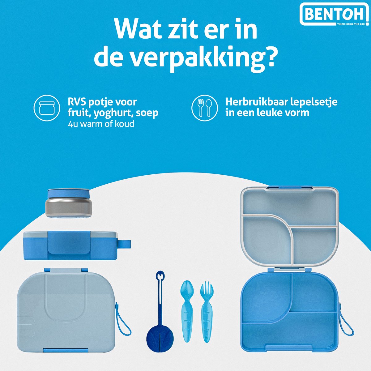BentOH! Bento Box Kinderen & Volwassenen - Blauw – Lekvrije Lunchbox met Vakverdeling – Magnetron- & Vaatwasserbestendig – Inclusief lepelset — afbeelding 4