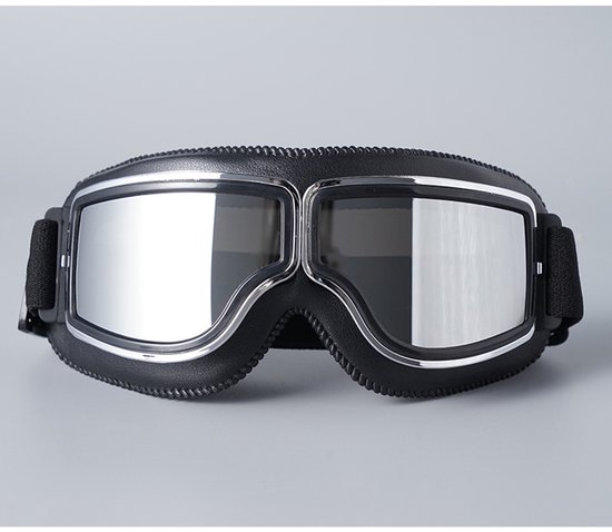 Motorbril, crossbril, retro sportbril, motorbril voor heren, anti-condens, stofdicht, UV-bescherming, geschikt voor motorrijden, fietsen, racen, skiën (zwart met zilveren lenzen).