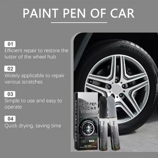 Lakstiften naast een auto met een zilveren velg. Tekst 'PAINT PEN OF CAR'.