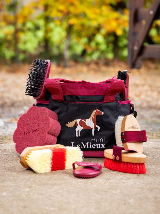 Een gevulde rode Mini LeMieux poetsstas met paardendessin en accessoires, buiten op een stoep.