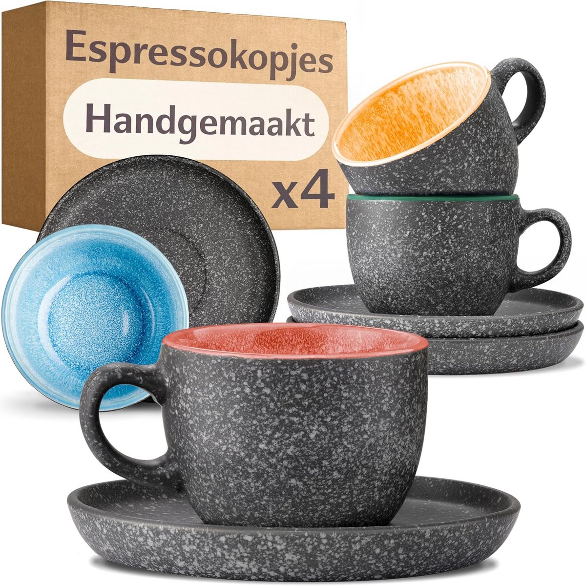 Espresso Cups Set van 4 met Schoteltjes, 90 ml, Steengoed met Handgemaakte Glazuur