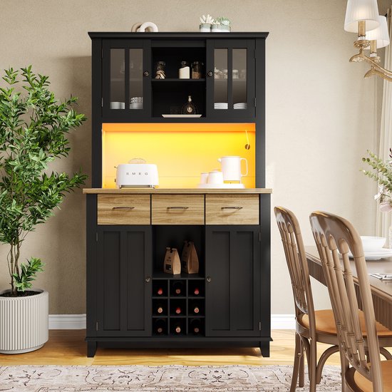 PHOEBE CAT Dressoir - Verstelbare planken - LED-verlichting - Wijnkast - Houtnerfafwerking - Zwart + Naturel
