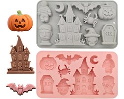 Siliconen mal voor Halloween thema - 2 stuks, kasteel, grafsteen, mummie, pompoen - DIY chocolade, snoep, gelei - Feestelijk bakken en maken - Halloween accessoires