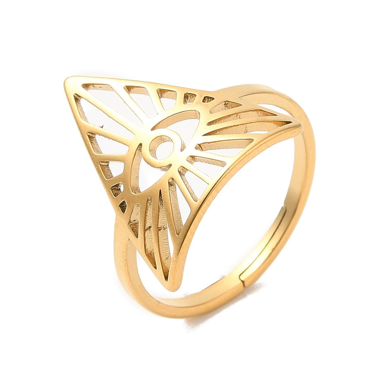 Ring stainless steel boze oog driehoek bohemian, one size ring, goudkleurig, 100% waterproof, verstelbare ring, cadeau