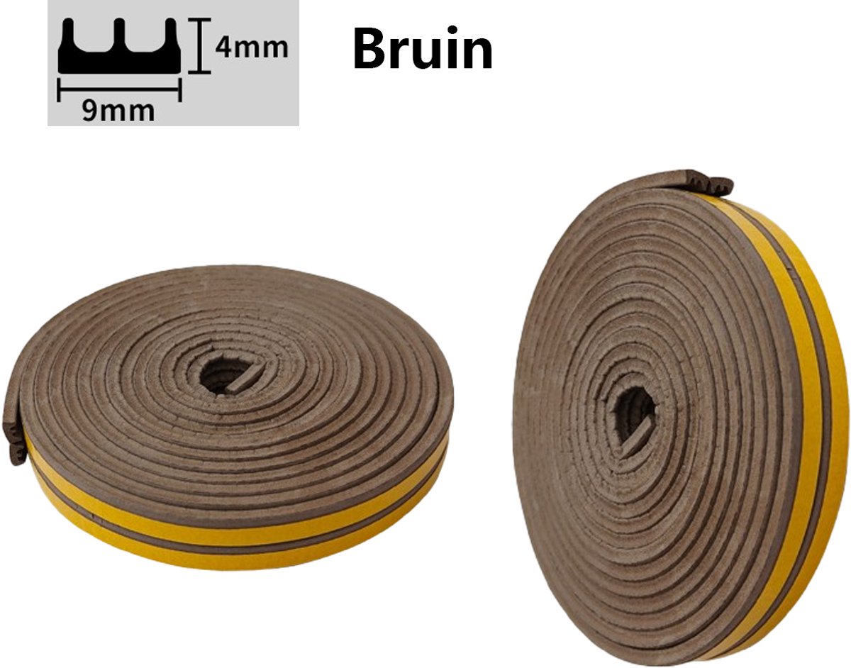 2 rollen tochtstrips - Zelfklevend raam - Totaal 12 m - E-vorm - EPDM afdichtingstape - Bruin - 9 x 4 mm - Raamafdichting - Tochtstrip - Waterdicht - Geluidsisolatie
