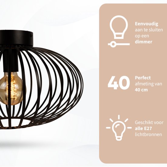 WoonWonder Luxelle Plafonnier Zwart - Plafonnier Lampe E27 - Industriel - ⌀ 40cm - Excl. Source de lumière