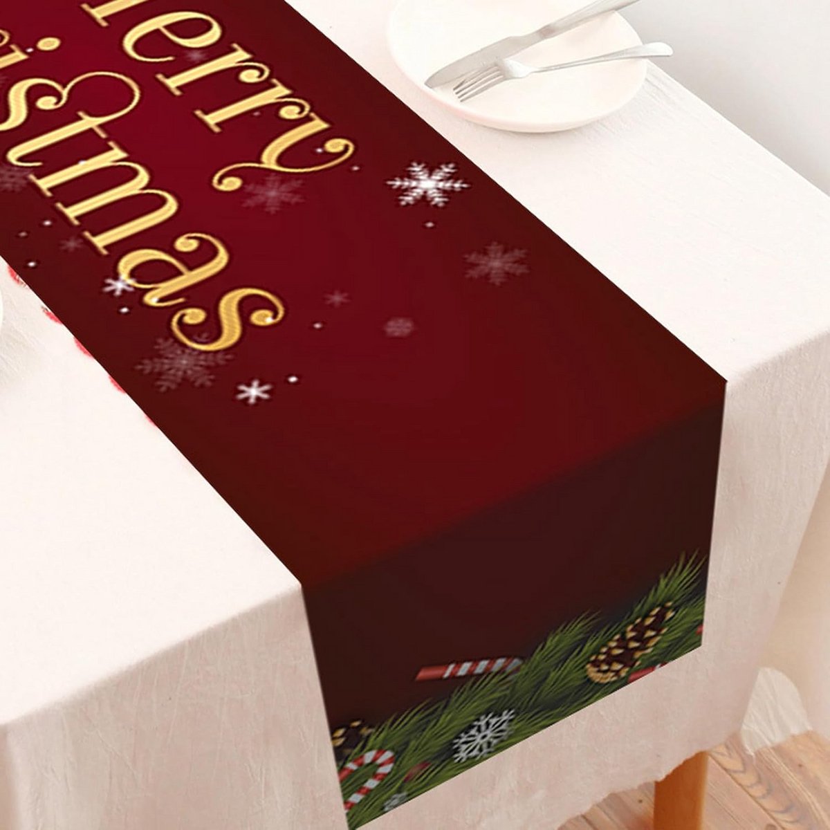 Kerst Tableau Runner Rood, Tafelkleed en Tafeldecoratie voor de Feestdagen, 35 x 185 cm