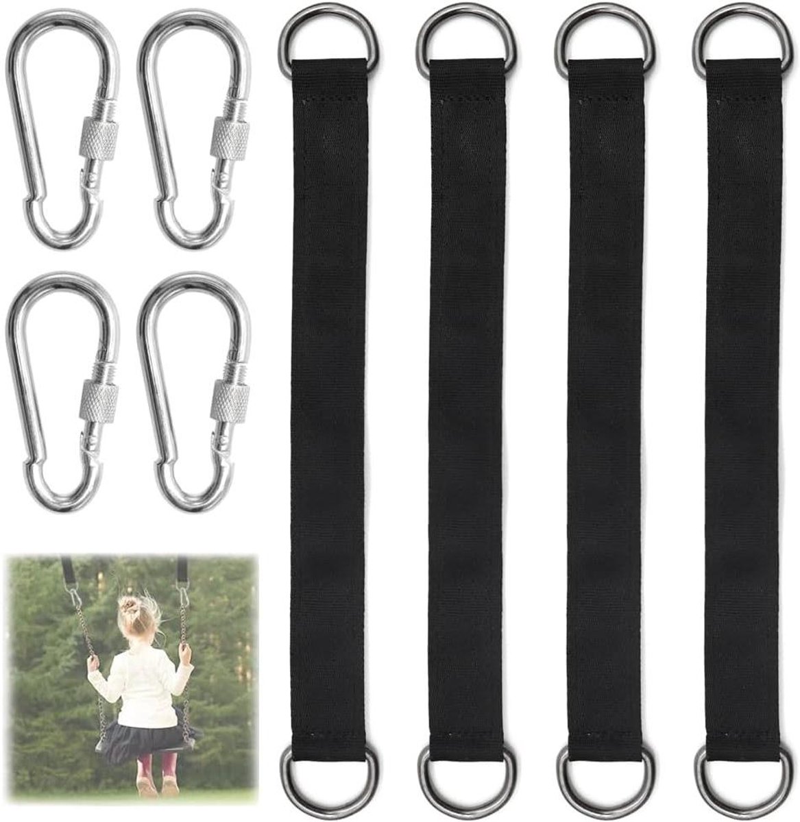 Ronte - Zwarte swinghangset voor hangmat in tuin en camping met verdikking en bevestiging, 4 stuks