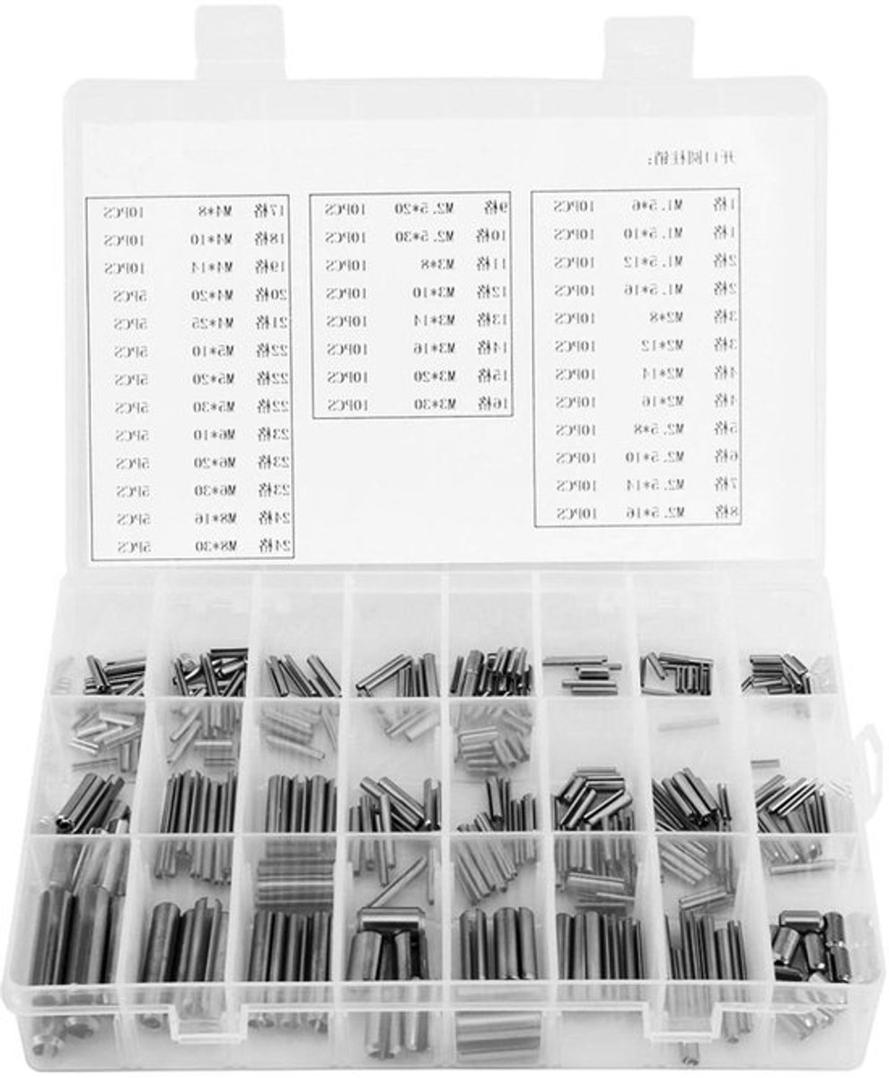 Allecto Plus - Assortiment Holle Veerstiften en Spanhulzen - 280 stuks - Roestvrij Staal - M1.5 M2 M2.5 M3 M4 M5 M6 M8 - Machine-Industrie - Opbergdoos