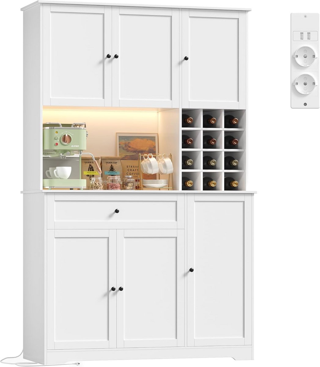 Keuken Buffetkast 180 cm met Werkblad, LED Verlichting en Wijnrek voor 12 Flessen