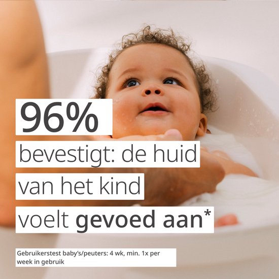 Baby in bad. Tekst: 96% bevestigt: de huid van het kind voelt gevoed aan.