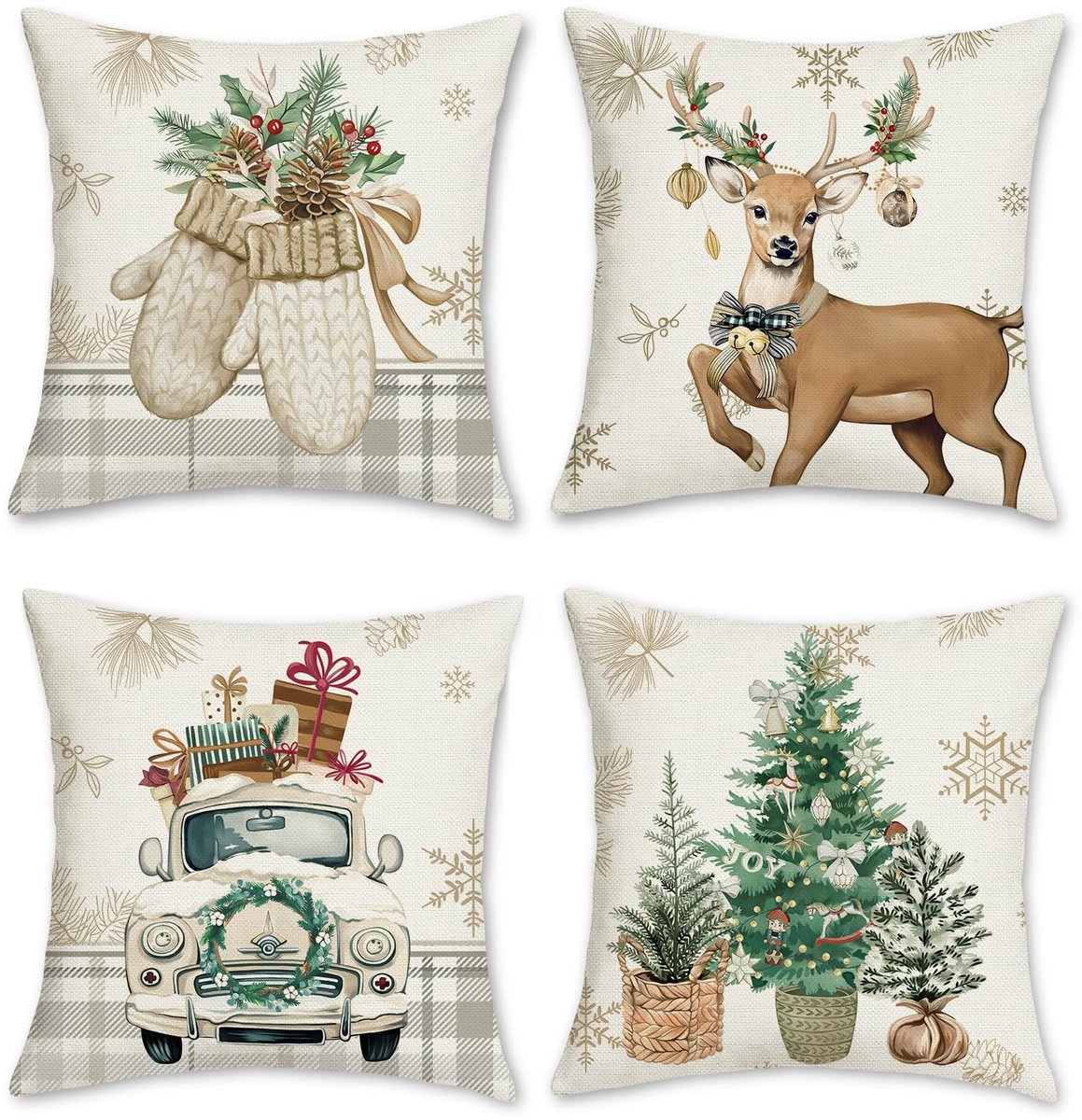 Unyqoos Set van 4 decoratieve winterkussenslopen met rendier en sneeuwvlokken ontwerp