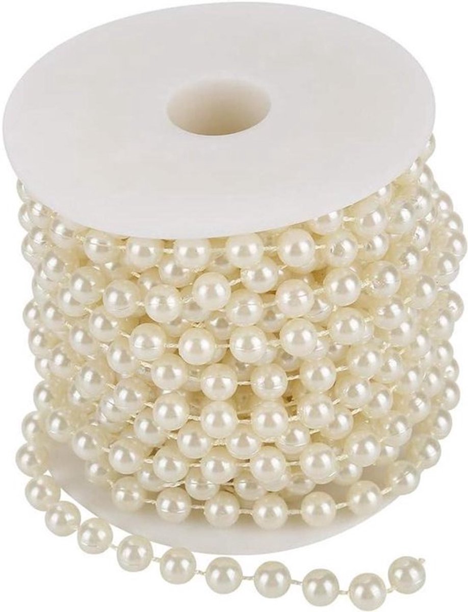 8mm Cotton Line Artificial Pearl Beads String Necklace Garland Flowers Wedding Decoration DIY Craft Pearl String Beige - 10m Roll