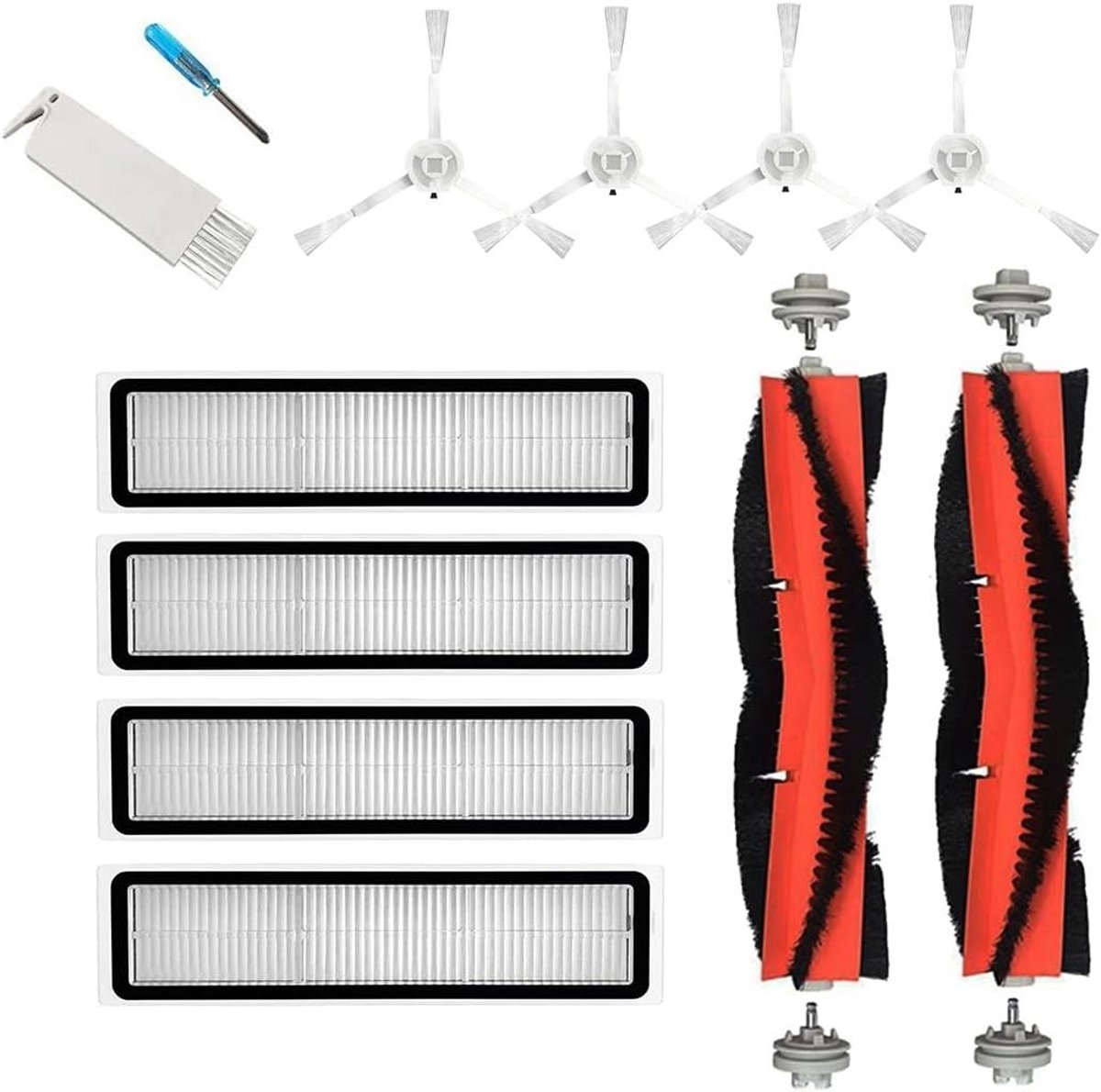 Ronte - Accessoireset voor robotstofzuiger - 12 stuks - met hoofdborstels, zijborstels, filters, reinigingsborstel en schroevendraaier - wit
