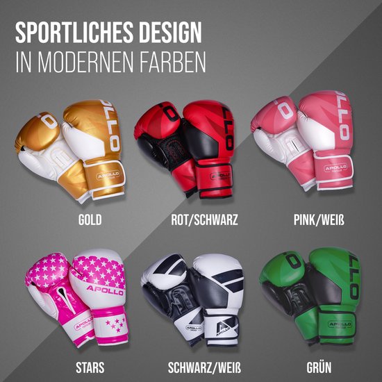 Gants de boxe Apollo , Cuir PU, gants de boxe thaïlandais, pour sac de boxe, entraînement, sparring, Fitness, Gants MMA, Gants de kickboxing, Gants de boxe femmes et hommes 12/14/16 oz