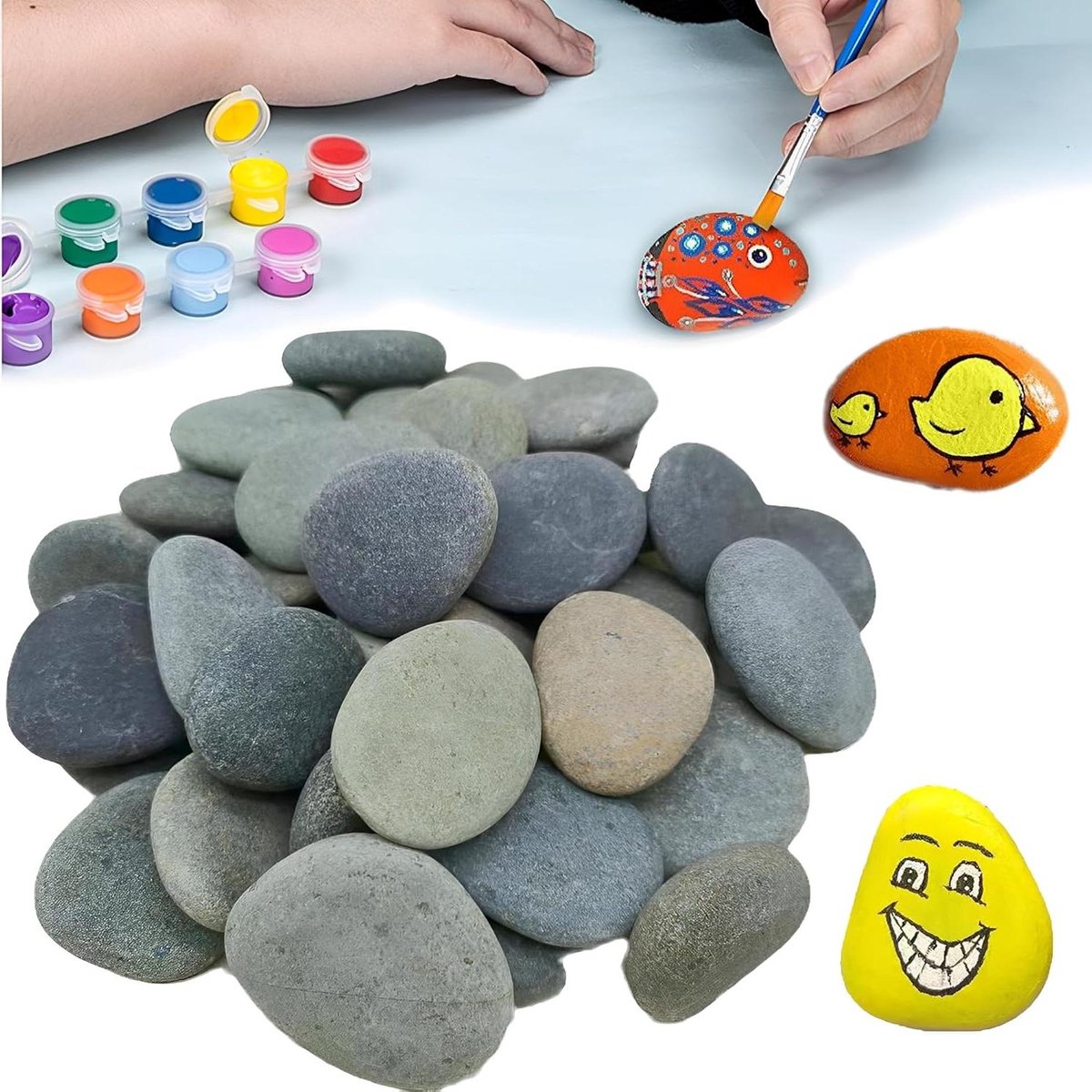 Ronte - Creatieve Stenen Schilderen Set voor Kinderen - DIY Decoratie Steentjes - Leuk Knutselproject - Geschikt voor School en Thuis - 45 Stuks - Verschillende Maten - Rotsschilderen - Spelactiviteiten