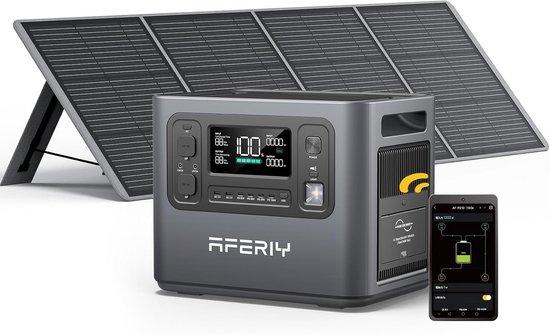 AFERIY powerstation met een opgevouwen zonnepaneel en telefoon met app.