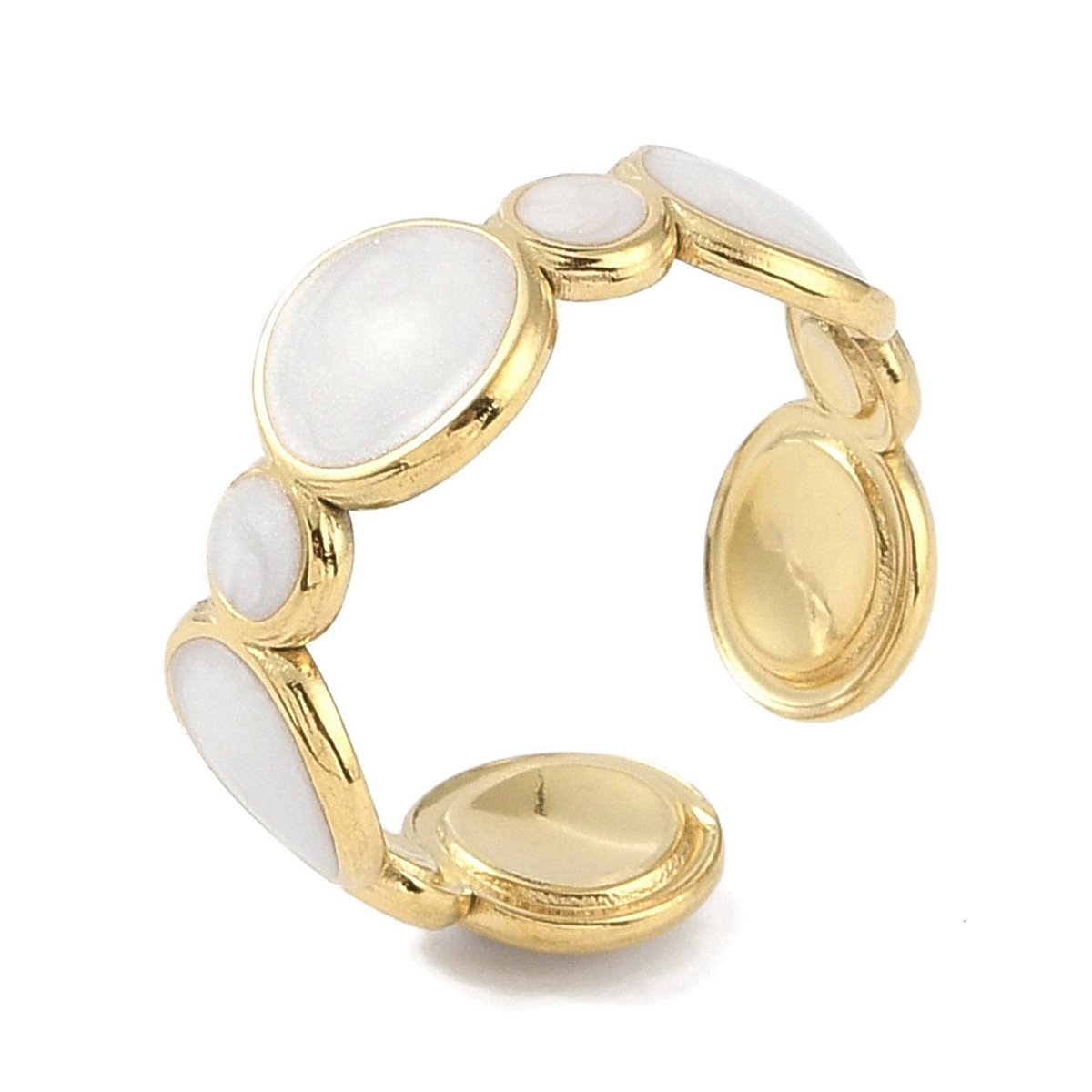 Ring stainless steel met witte bubbel bohemian, statement ring one size ring, goudkleurig, 100% waterproof, verstelbare ring, cadeau
