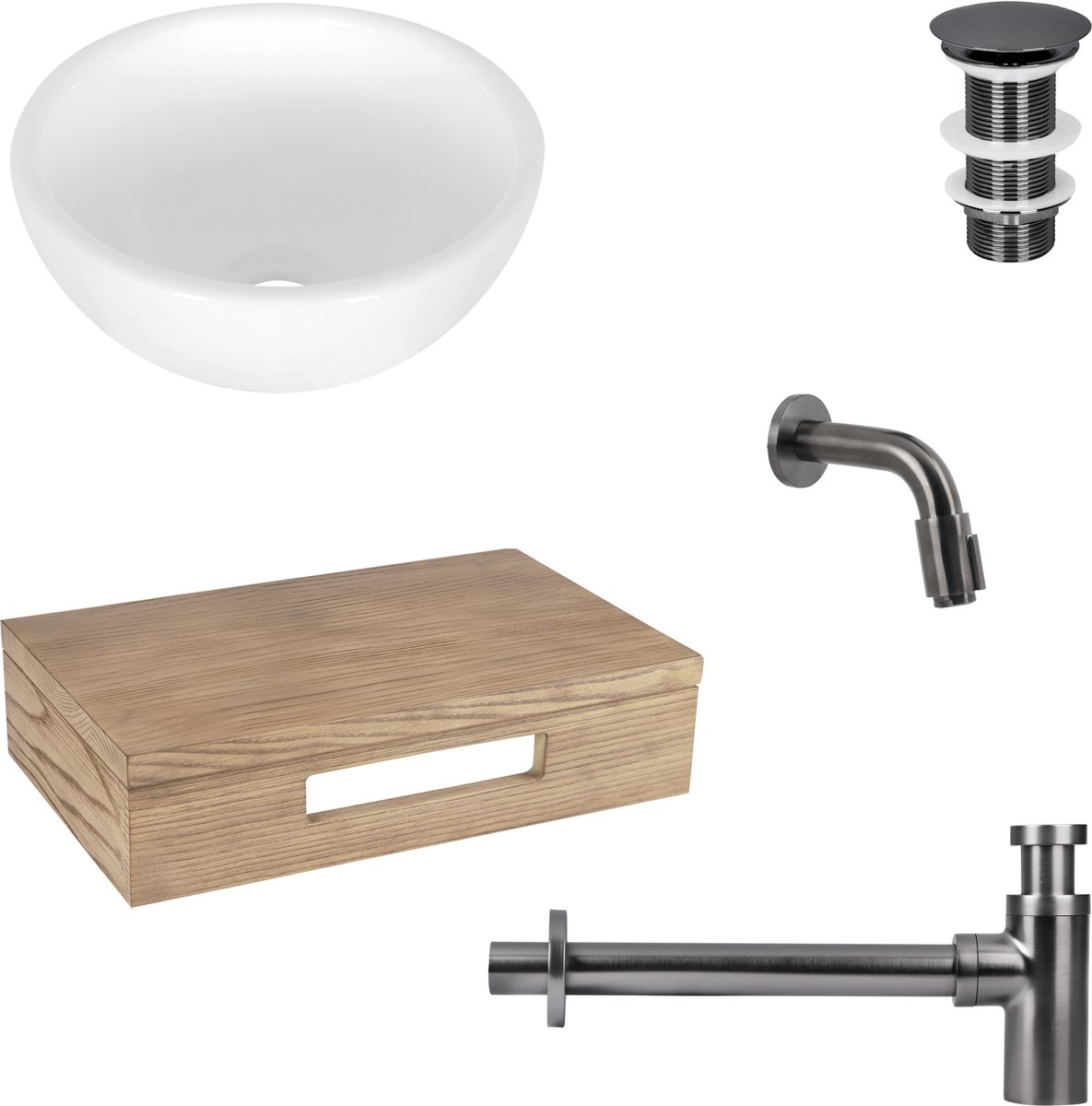 Differnz Ruz fonteinset - waskom keramiek wit - muurkraan 11 cm gun metal - inclusief wastafelplank licht eiken