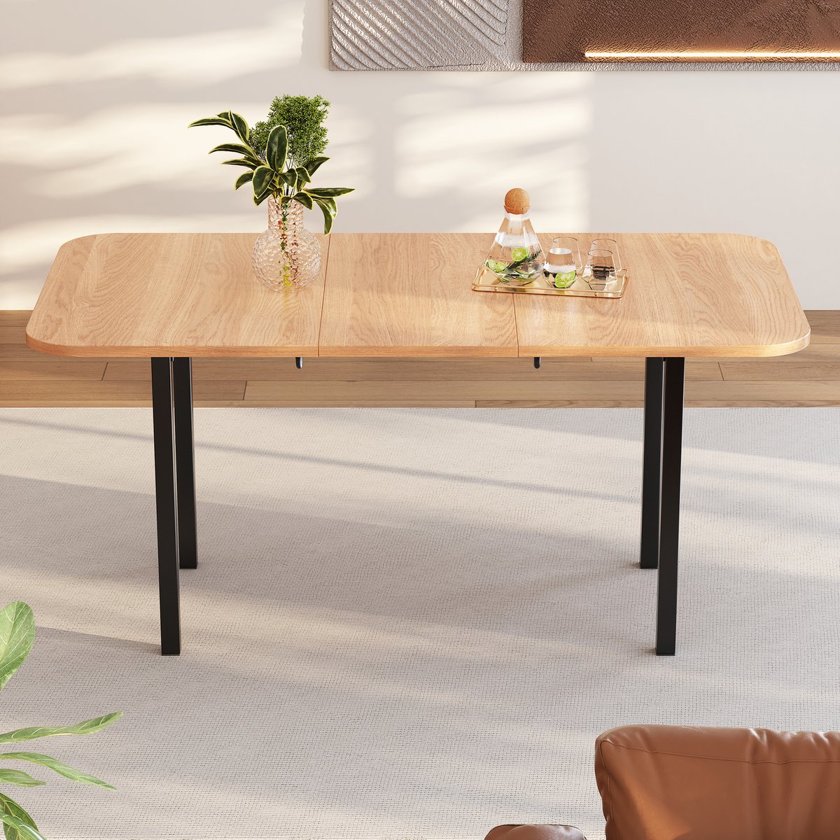 MODFU Uittrekbare eettafel 120–160 cm, American White Oak MDF, hoogsterke legering, 4–6 pers. Amerikaanse witte eik