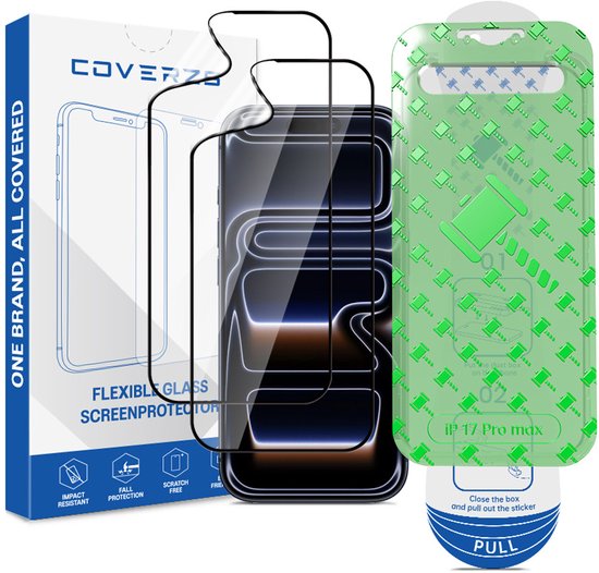 Protection d'écran Coverzs en verre PMMA flexible avec cadre (lot de 2) compatible avec iPhone 17 Pro Max - Glas flexible - Film protecteur avec cadre de montage - Protection d'écran Premium