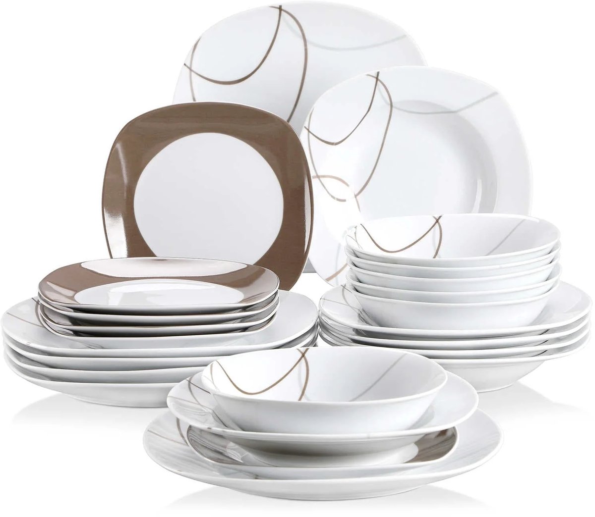 Luxe Serviesset – 24 delig – 6 persoons – Porselein - Bordenset – Dinner platen – Dessertborden - Kommen - Pastabord - Wit + Bruin