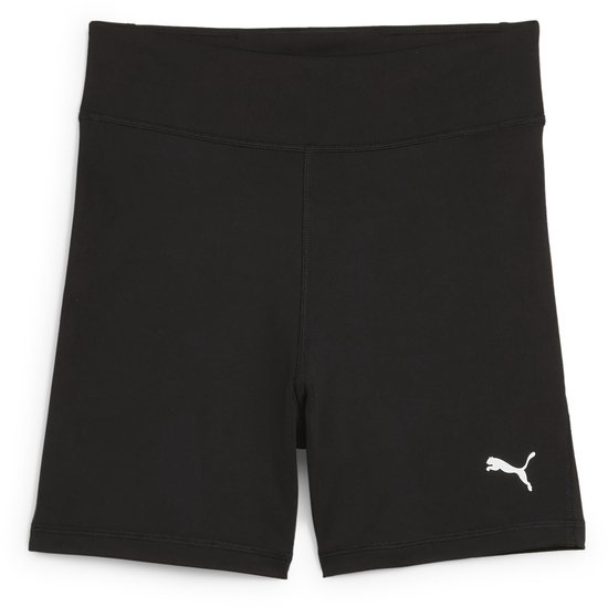 Short de sport PUMA noir avec un logo chat PUMA blanc sur la jambe droite.
