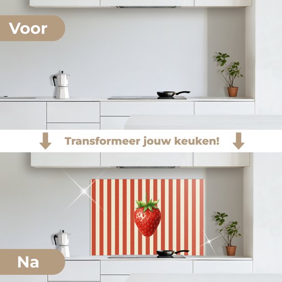 Spatscherm 100x65 cm - Zelfklevende achterwand Aardbei - Strepen - Rood - Keuken muurbeschermer - Spatwand fornuis