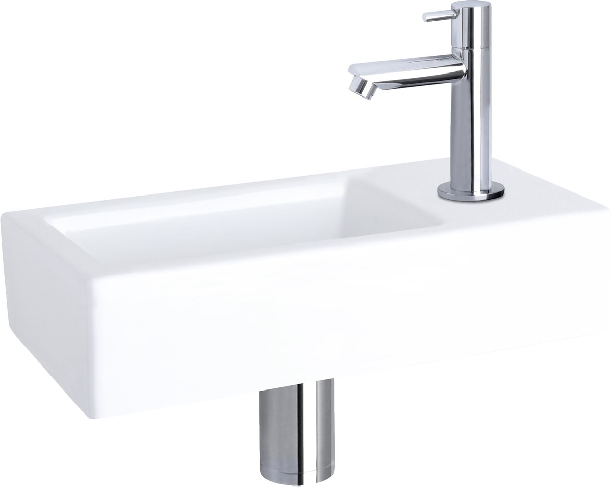 Differnz Helios fonteinset - keramiek wit - koudwaterkraan recht chroom - kraan rechts - always open afvoerplug - 37.5 x 18.5 x 9 cm